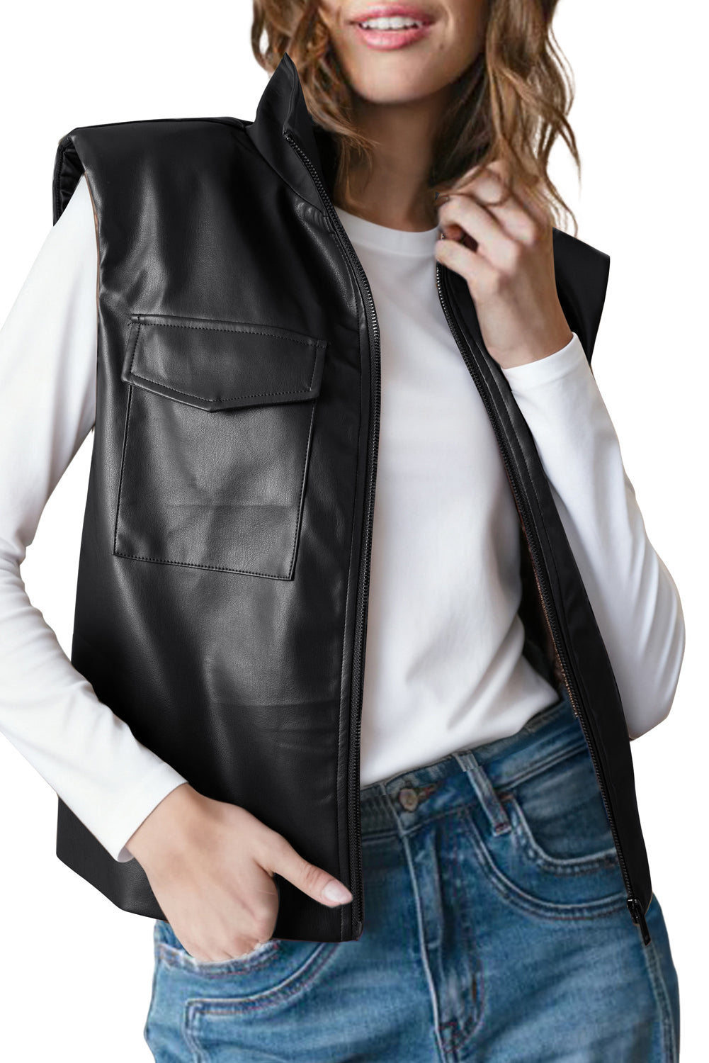 Black Double Flap Pocket Faux Leather Zip Up Stand Neck Vest
