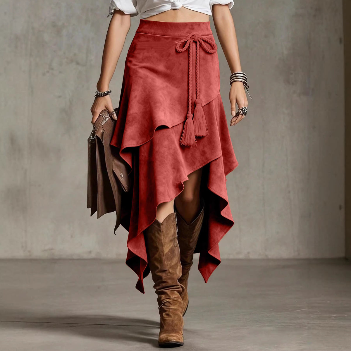 Retro Western Style Irregular Design Suede Skirt Solid Color Midi Skirt