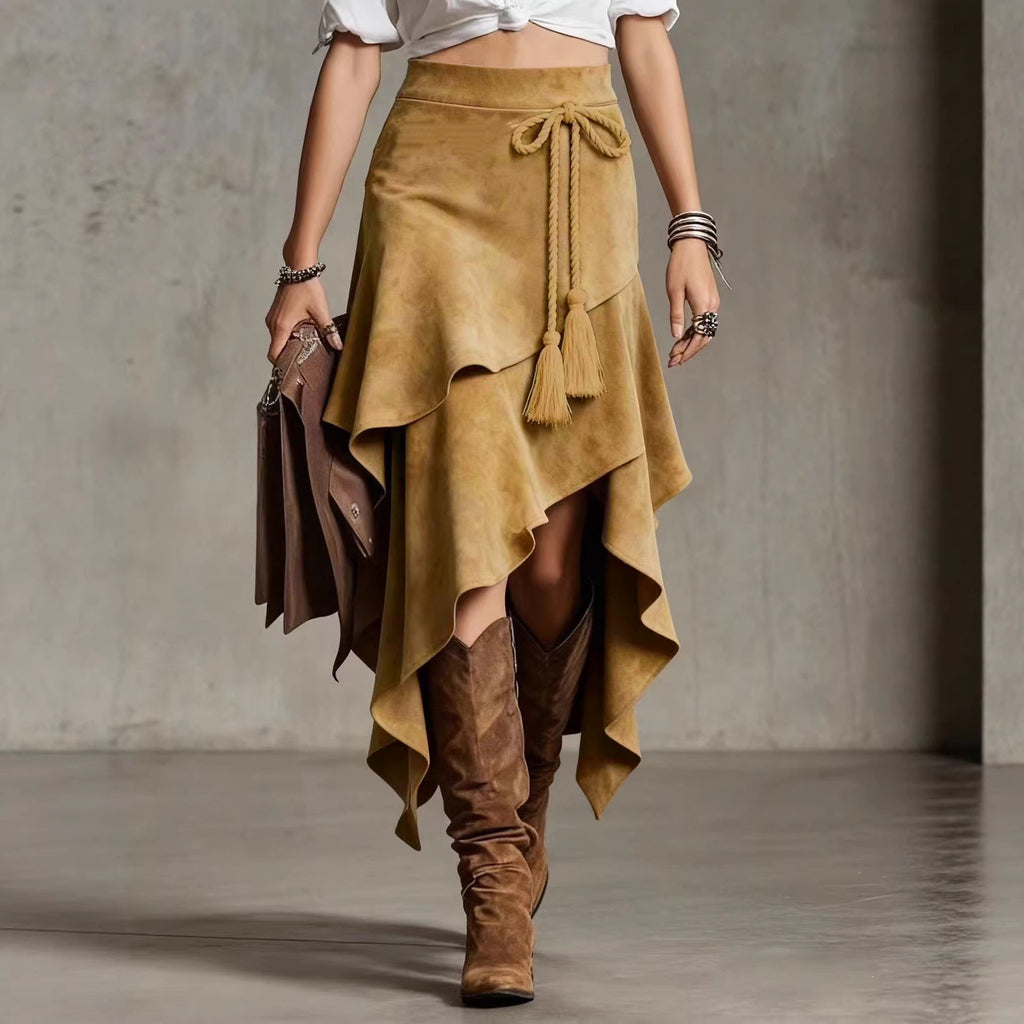 Retro Western Style Irregular Design Suede Skirt Solid Color Midi Skirt