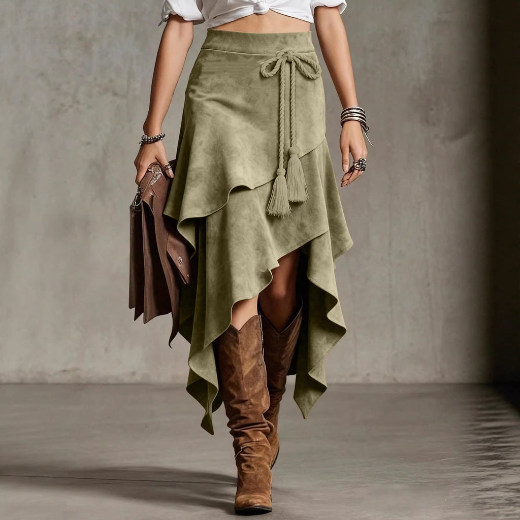 Retro Western Style Irregular Design Suede Skirt Solid Color Midi Skirt