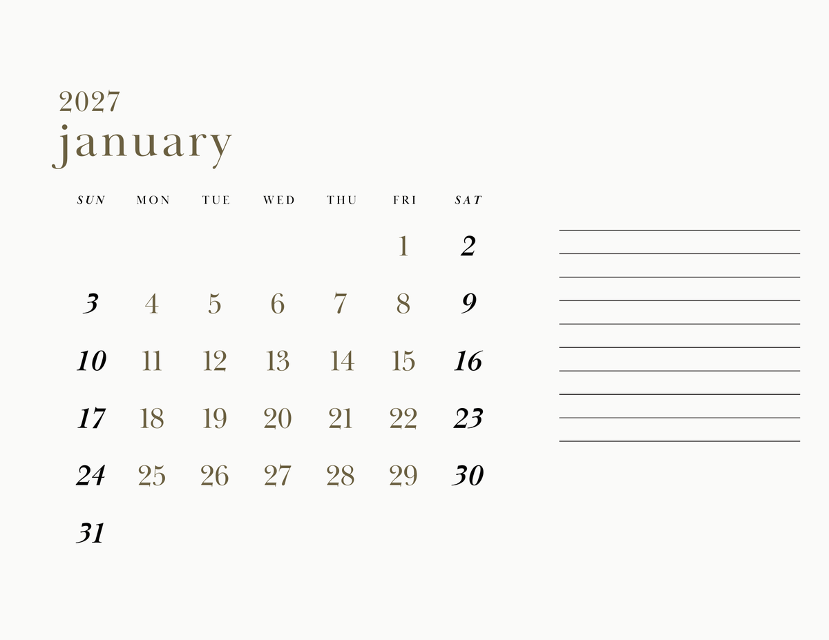 2027 La Bonita Luxe Printable Calendar | Digital Download