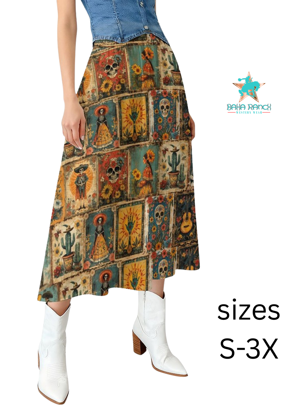 Baha Ranch Colores de Mexico Dia de los Muertos Midi Skirt