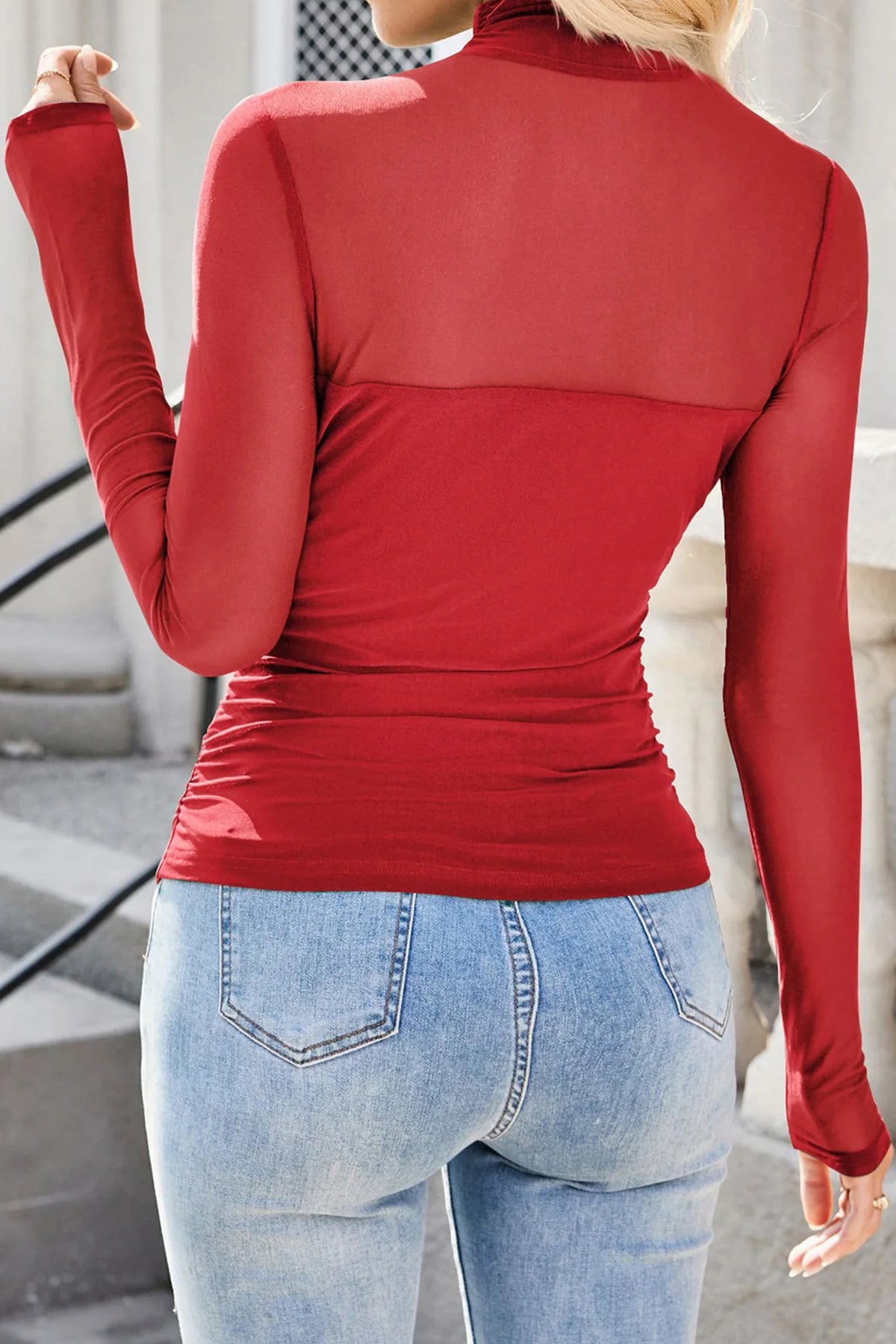 Coffee Sheer Mesh Patchwork High Neck Long Sleeve Top