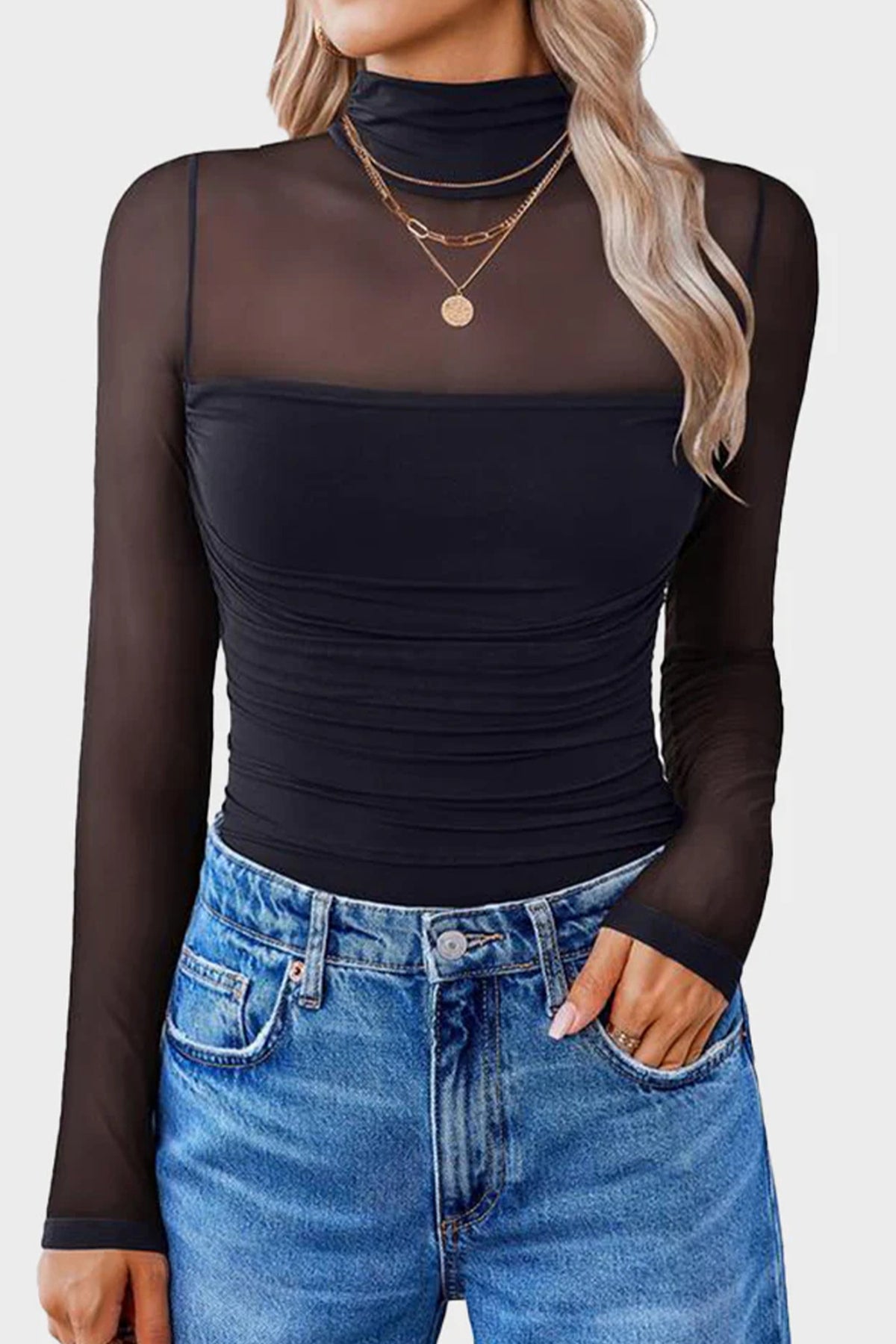 Coffee Sheer Mesh Patchwork High Neck Long Sleeve Top