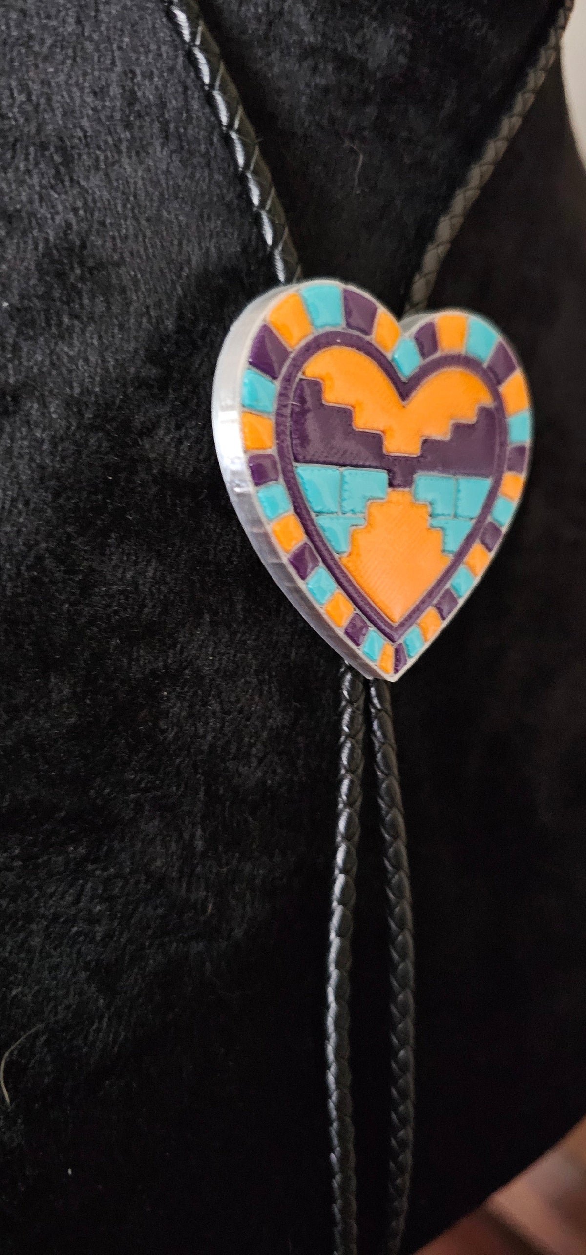 Orange Purple Aztec 3D Inlay Heart Bolo Tie Necklace Made in America